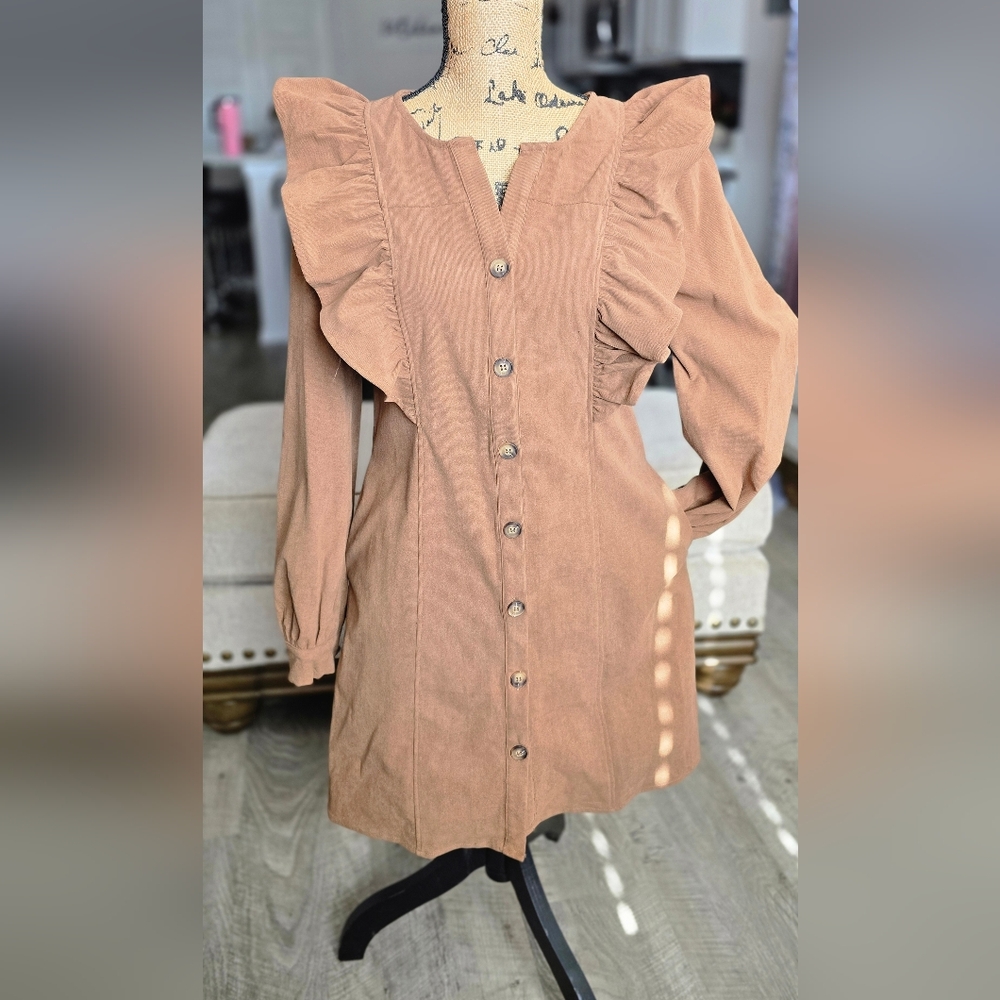 Ruffled Brown Button-Down Corduroy Dress With Pockets